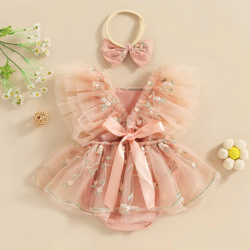 Infant Baby Girls Romper Dress Fly Sleeve Square-Neck Floral Embroidery Tulle Jumpsuit with Bow Headband