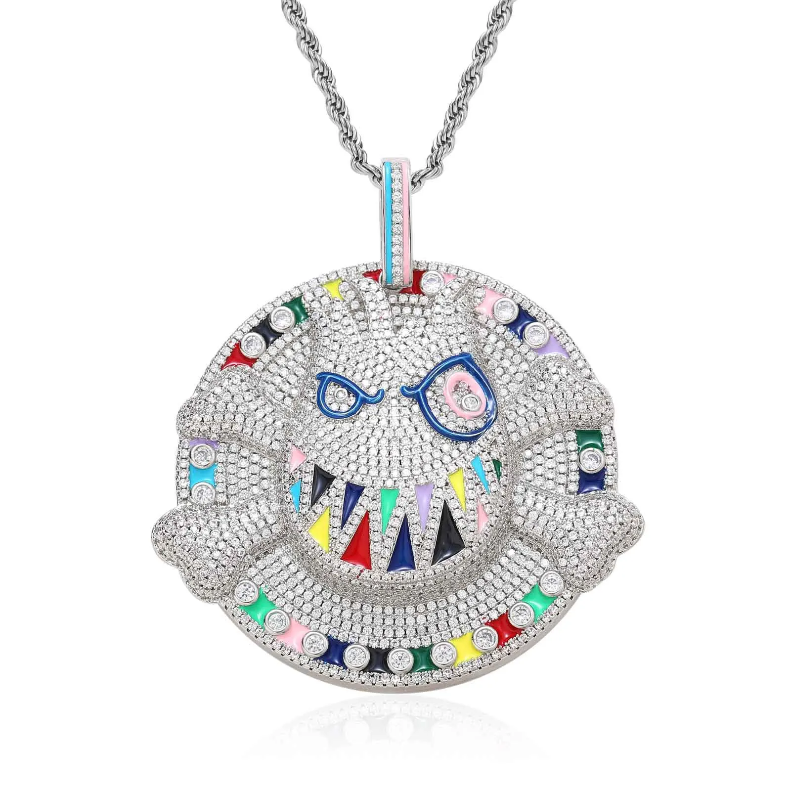 

Large Round Cartoon Skull Devil Face Pendant Pave Full Crystal With Chunky Cuban Chain Necklace For Men Party Wear Jewelry Gift