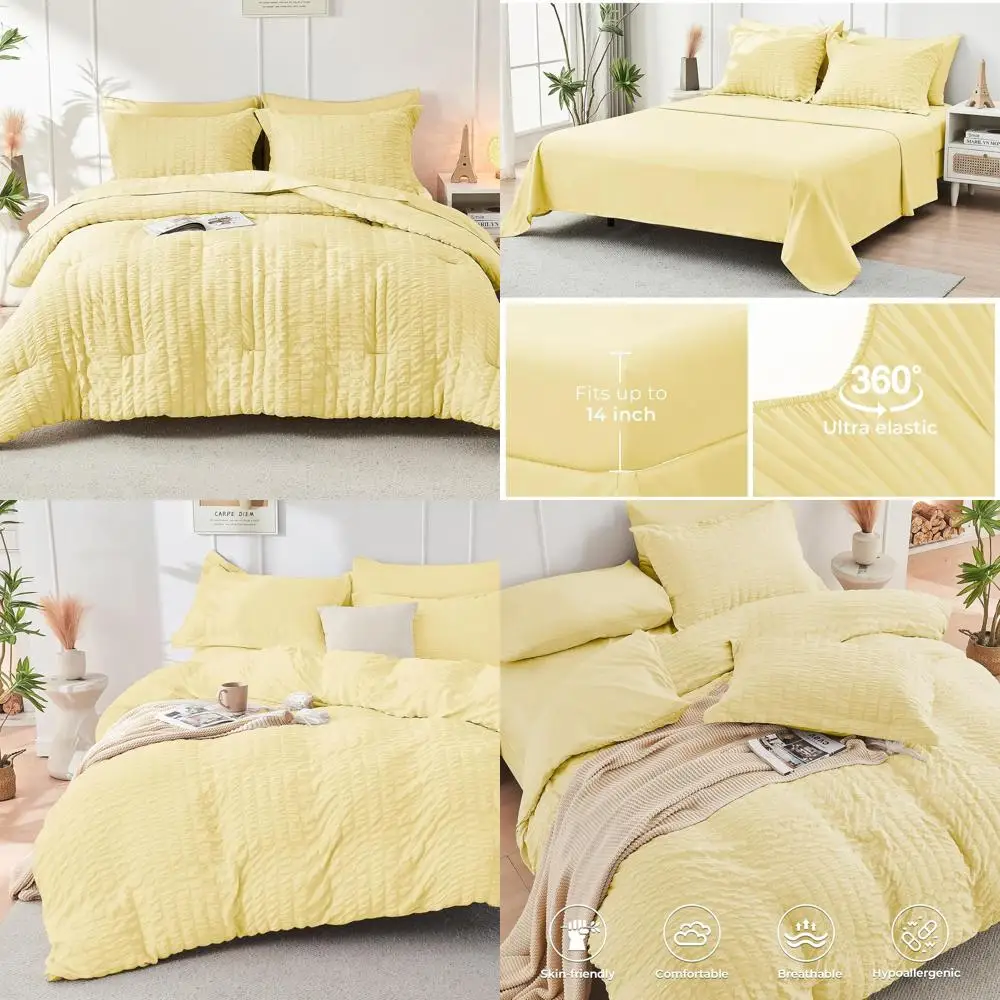 طقم لحاف كوين مكون من 7 قطع من Seersucker، مفروشات فاخرة لجميع المواسم مع ملاءات وأكياس وسائد وأغطية شمس #1