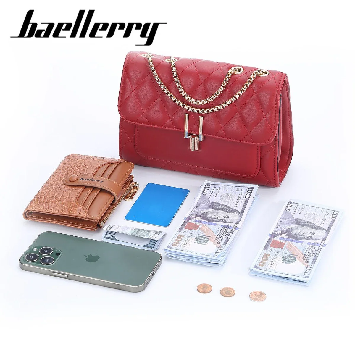 حقيبة كروس نسائية من Baellerry، محفظة مربعة صغيرة مبطنة مع حزام سلسلة وقفل للإغلاق، حقيبة كتف مصممة للنساء
