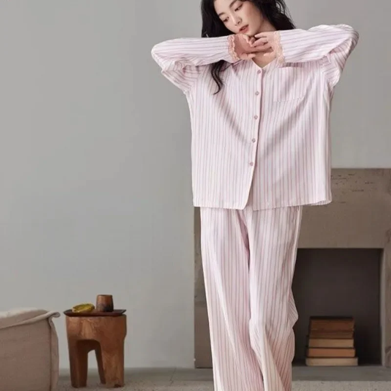 Striped Pajamasr Women Spring Autumn New Loungewear Cardigan Long Sleeved Cotton Sleepwear Lace V-neck Casual Homewear Simple