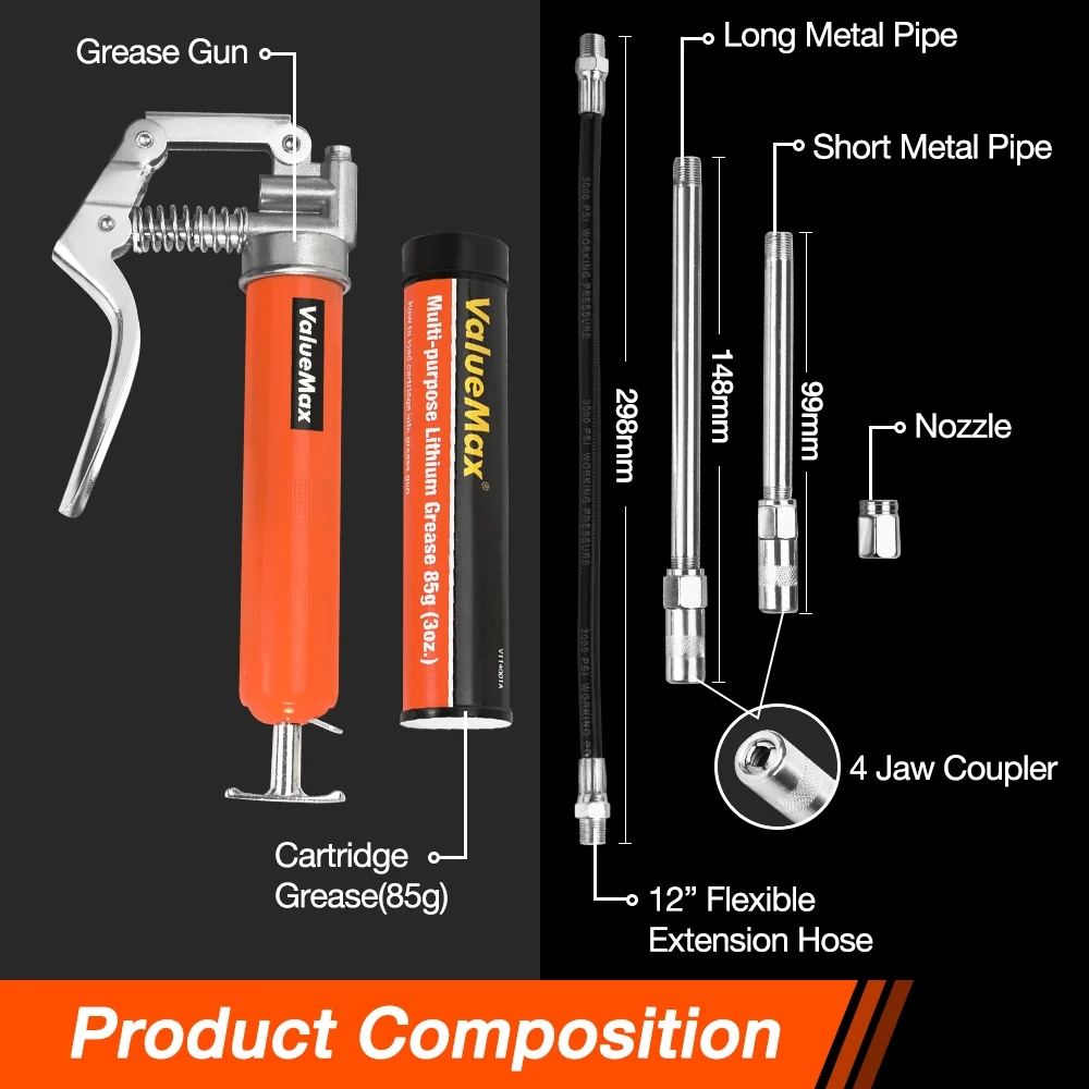 Пистолет для смазки ValueMax 3500PSI, мини-пистолет с удлинителем, шприц для смазки для масла и автомобиля, для внедорожников и грузовиков