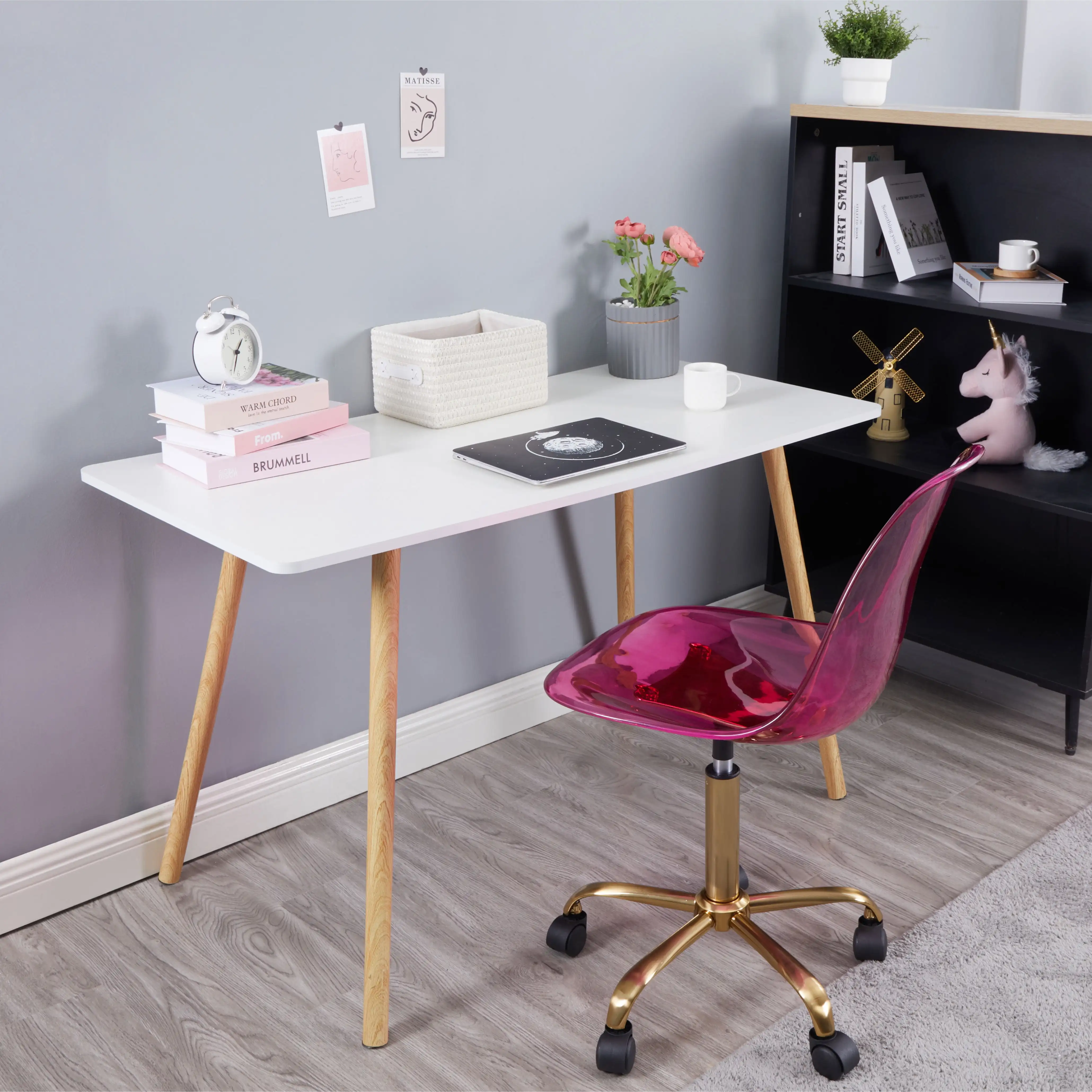 Silla de oficina enrollable de acrílico, silla de tarea con espalda media, altura ajustable, sillas de escritorio con ruedas, púrpura