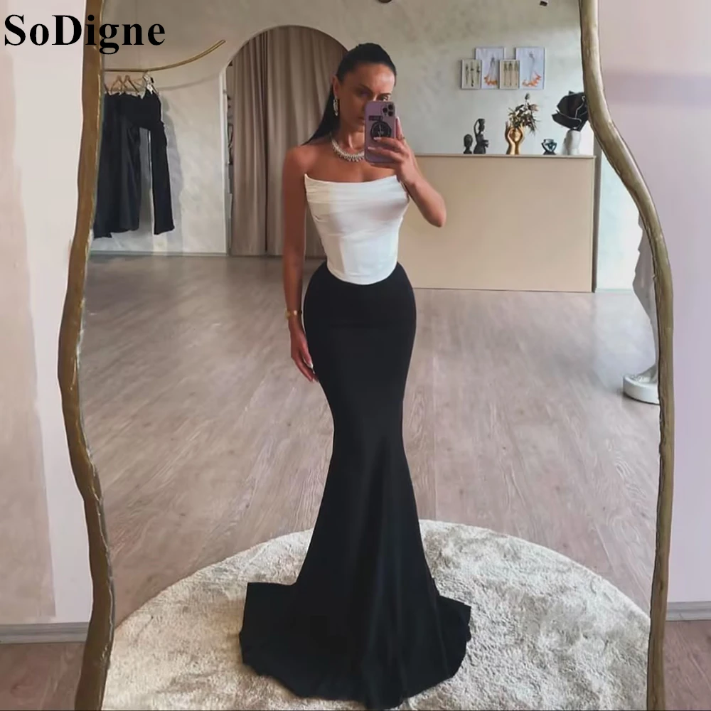 

SoDigne Black and White Satin Evening Dresses Mermaid Strapless Draped Sexy Party Dress 2025 Banquet Gala Prom Gowns Customized