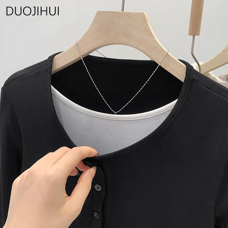 DUOJIHUI Contrast Color Fake Two Piece Loose Women T-shirts Autumn Basic Long Sleeve Chicly O-neck Simple Casual Female T-shirts