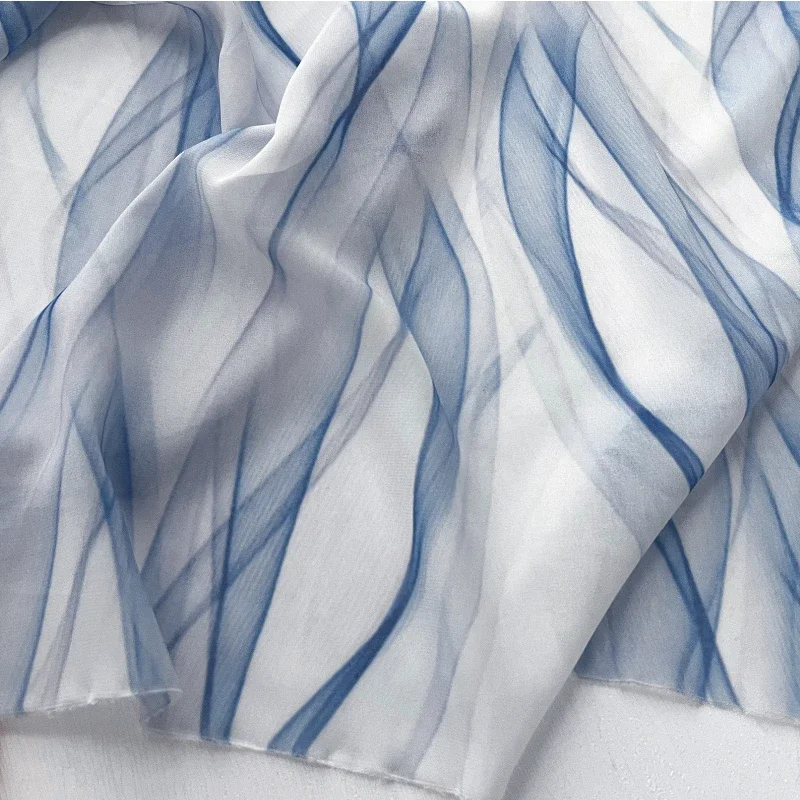 Blue and White Dynamic Gradient Ribbon Lightweight Chiffon Fabric Summer Dress Chiffon Skirt Gift Clothing Designer Fabric