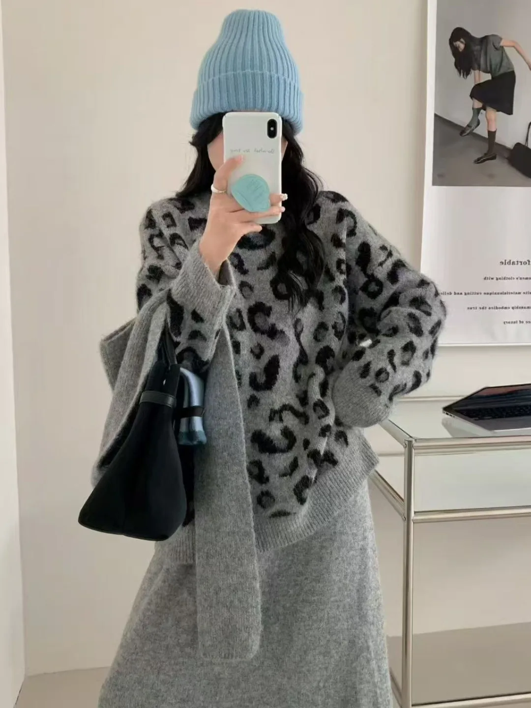 Retro Leopard Print Hooded Scarf Sweater Women's Winter New High Waist  Skirt Knitted Three Piece Set Korean Style Casual...