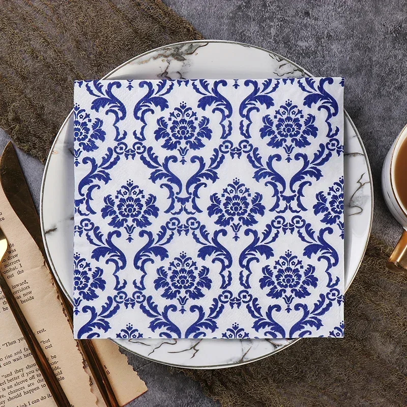 20 قطعة/الحزمة العناصر الصينية الأزرق الذهب الفضة زهرة نمط سيلادون منديل ورقة الأنسجة لب الخشب النقي ورقة حفلة الفم القماش