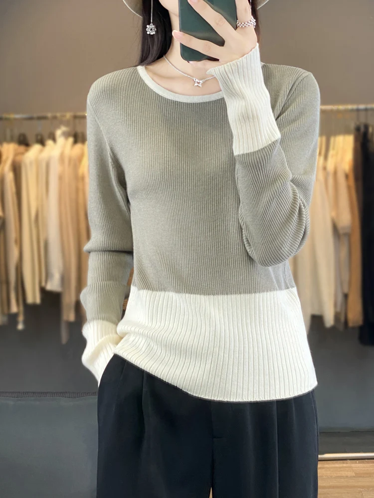 

2024 100% Merino Wool Sweater For Autumn Winter Women Striped O-Neck Spliced Pullover Knitwear Casual Cashmere Cclothing Tops