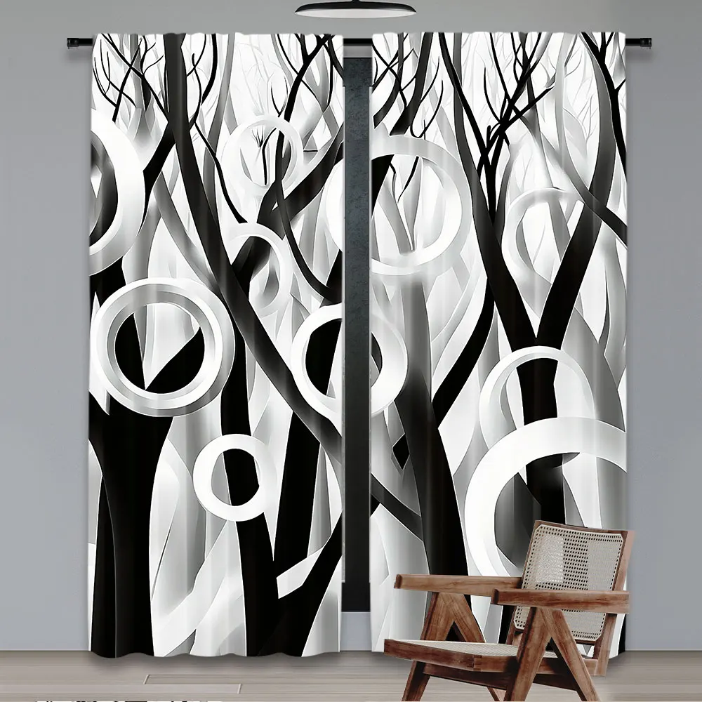 2Pcs Black And White Geometric Circle Print Curtains Suitable For Bedroom Bathroom Living Room Dining Room Study Room Office A