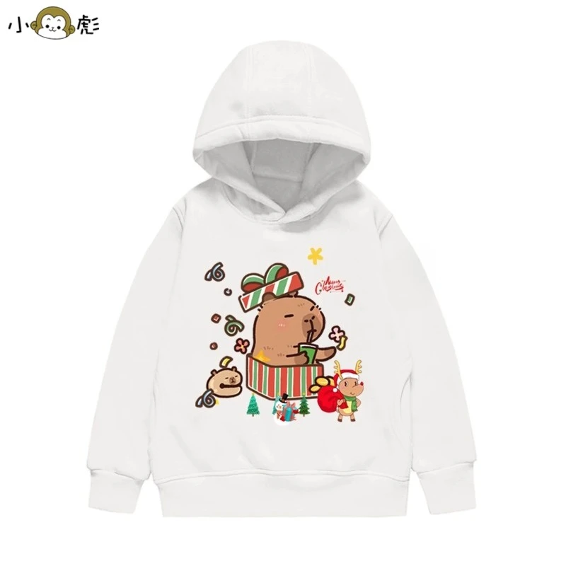 Felpa con cappuccio natalizia con stampa capibara carina per bambini autunno e inverno, pullover comodo da esterno per ragazzi e ragazze