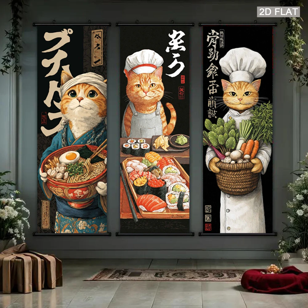 VIKAMA Retro Japanese Cat Chef Scroll Tapestry, Fun Orange Cat Sushi and Ramen Ukiyo-e-Style Wall Art, Dining Room Wall Decor