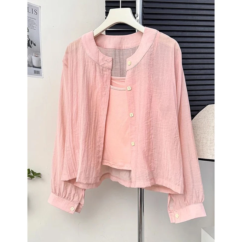 قميص نسائي أنيق بياقة مستديرة وأكمام طويلة، ملابس خارجية للحماية من الشمس، تصميم مريح، صيف 2025، أسلوب كوري عصري