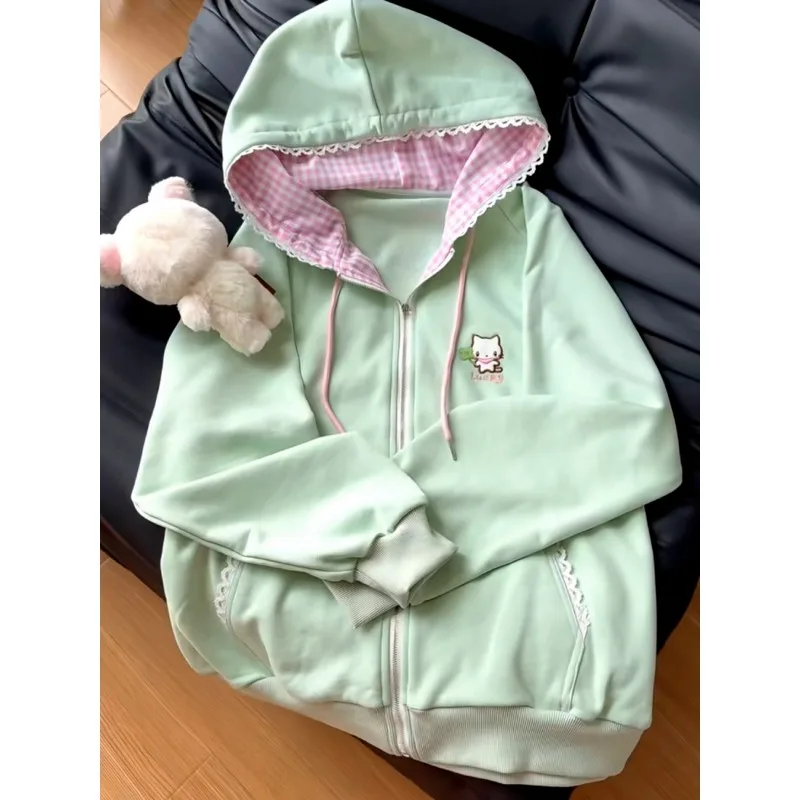Subculture Black Cute Sweatshirts Coat Women\'s Clothing Stand Neck Zipper Jackets Y2k Tops Fashion Casual Hoodies Ropa Mujer