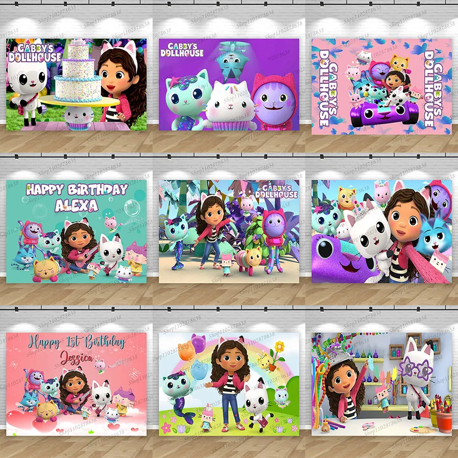 

Gabby's Dollhouse Photo Background Gabby Cakey DJ Catnip Mercat Photo Banner Kid Birthday Decor Photocall Prop