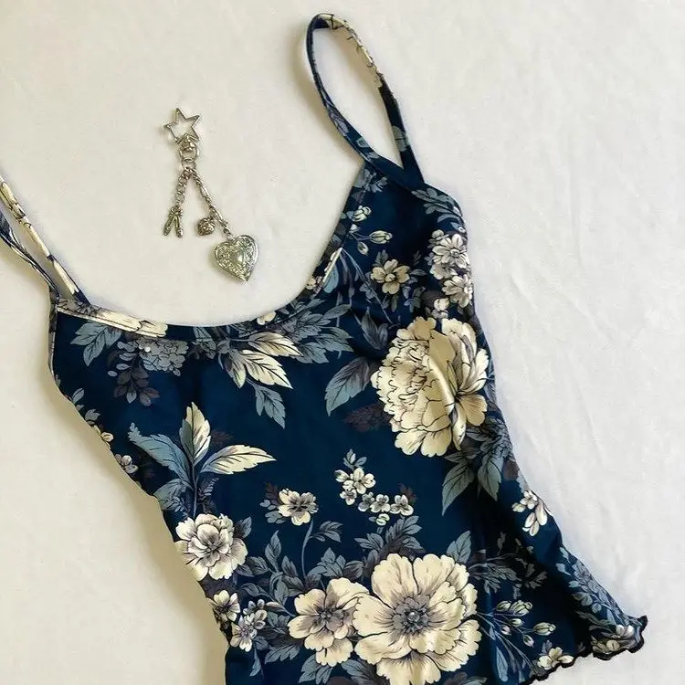 Kimotimo Y2k Aesthetic Floral Camisole Vest Women Summer Fairy Sweet Sleeveless Slim Crop Top Vintage Spicy Girl Fashion Tanks