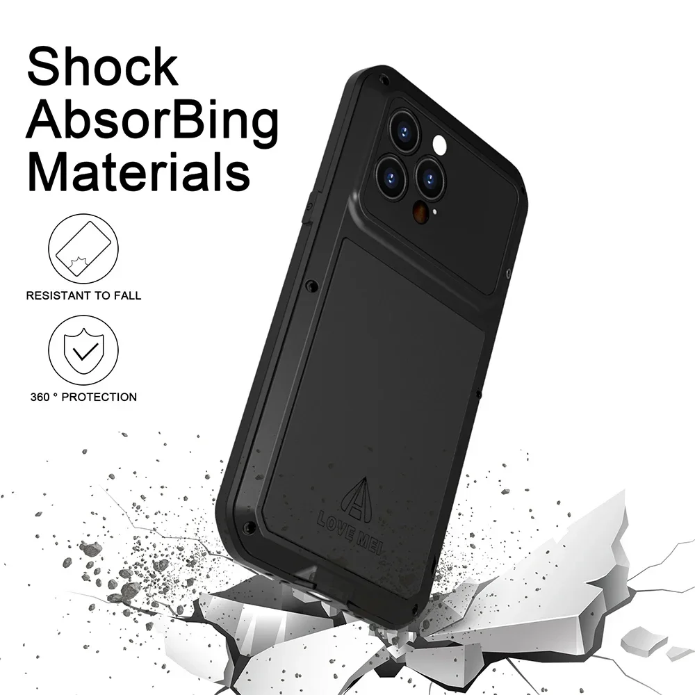 LOVE MEI For iphone 14 Pro Max Metal Armor Case 13 12 Mini 11 Xs X Xr 7 8 Plus SE 3 Military Shockproof Cover Built-in Protector