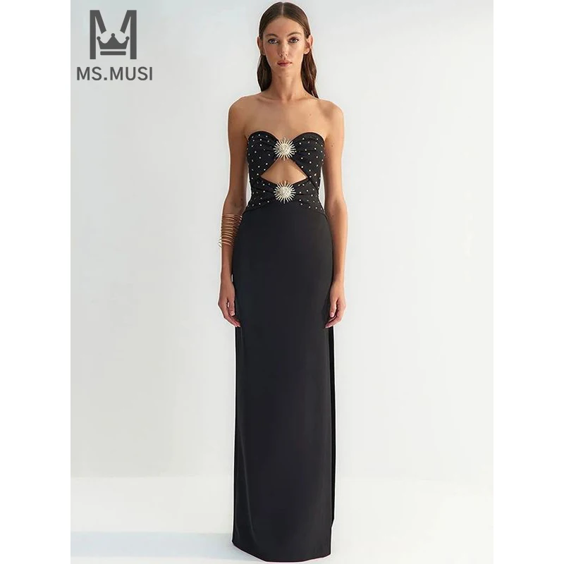 

MSMUSI 2024 New Fashion Women Sexy Strapless Diamond Crystal Sequins Hollow Out Sleeveless Bandage Bodycon Party Club Maxi Dress