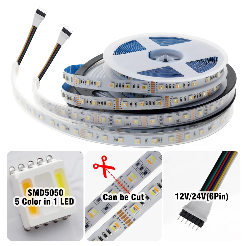 RGBCCT LED Strip 5050 12V 24V 60LEDs/m IP67 IP20 RGB White Warm White 5 Color in 1 pixel LED Strip 5m/lot