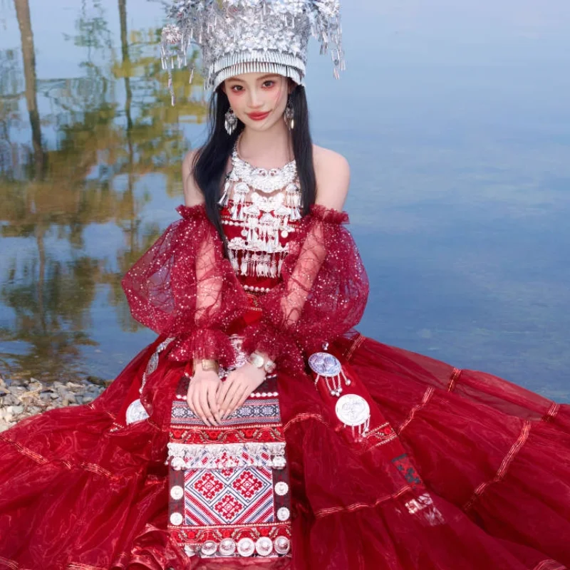 مجموعة فساتين همونغ الصينية الحمراء للفتيات فستان الأداء