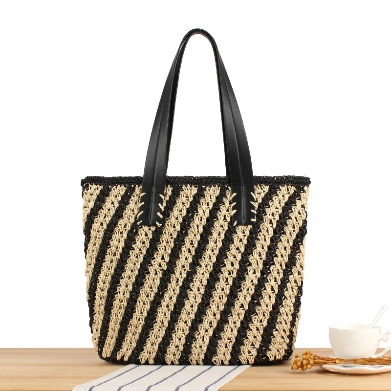 

Large Capacity Black Stripe Woven Tote Bags for Women Versatile Shoulder Bag Fashion Shopping Bag Simple Urban Commuter Bag 2025