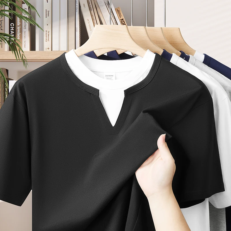 

T Shirt for Man Summer New Loose Round Neck Short Sleeve Fake Two Piece Pure Cotton Solid Color Versatile