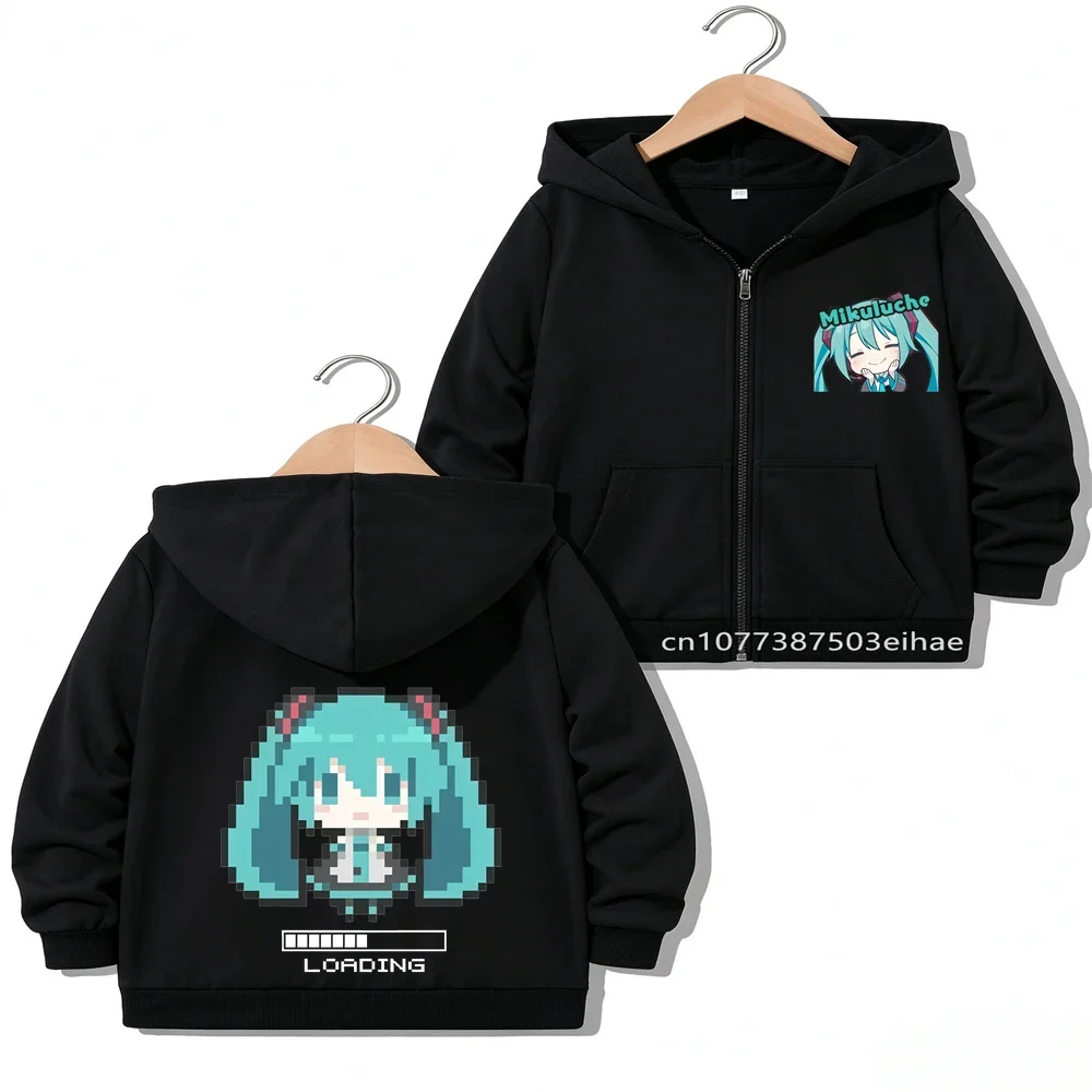Girls Zipper Jacket Hatsune Miku Anime Pattern Kids Spring Fall Outerwear Cute Cartoon Print Children Casual Overcoat Daily Tops