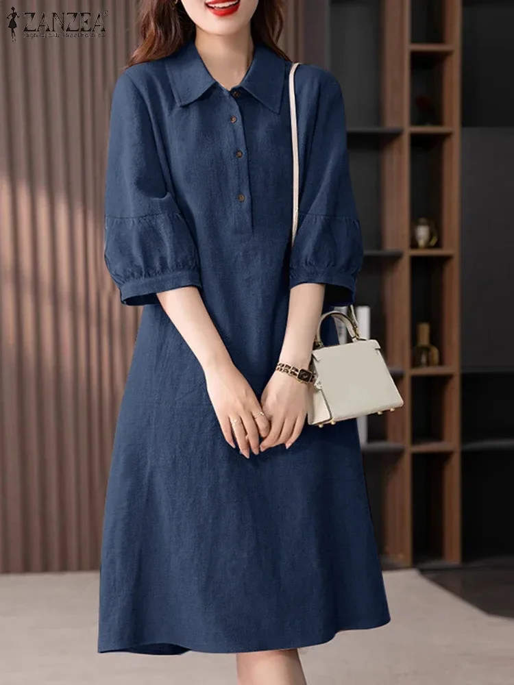 ZANZEA ผู้หญิงฤดูร้อน Vestidos 2025 แฟชั่น Vintage ผ้าฝ้ายเสื้อเกาหลี 3/4 Sleeve Midi Elegant Solid ปุ่ม Robe