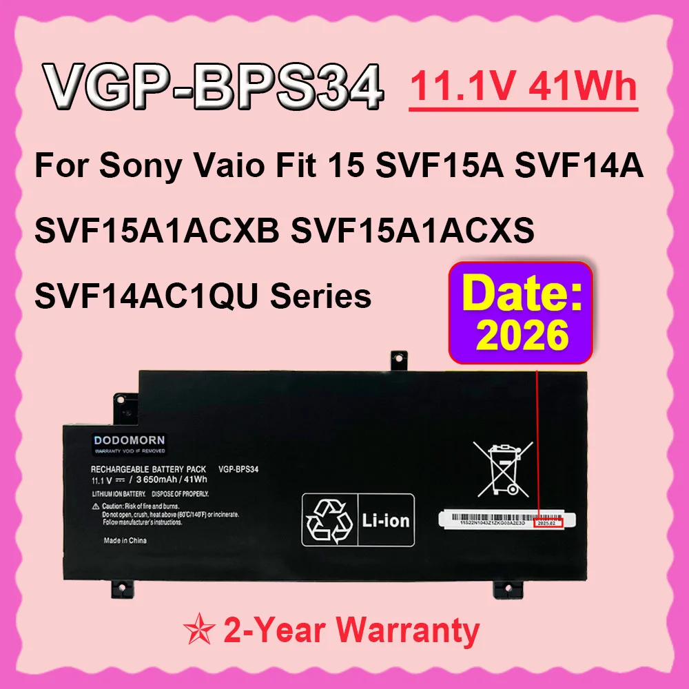 Batería para ordenador portátil DODOMORN VGP-BPS34 para Sony Vaio Fit 15 SVF15A SVF14A SVF15A1ACXB SVF15A1ACXS SVF15A1DPXB BPS34 11,1 V 41Wh