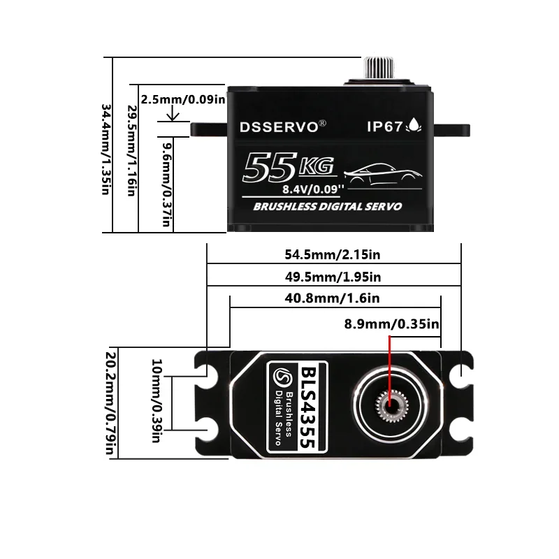 RoRuS7.4V 55KG Brushless Digital Servos IP67 Waterproof Low Profile RC Servo 0.09S HV High Torque Full Body Metal For Off-road T