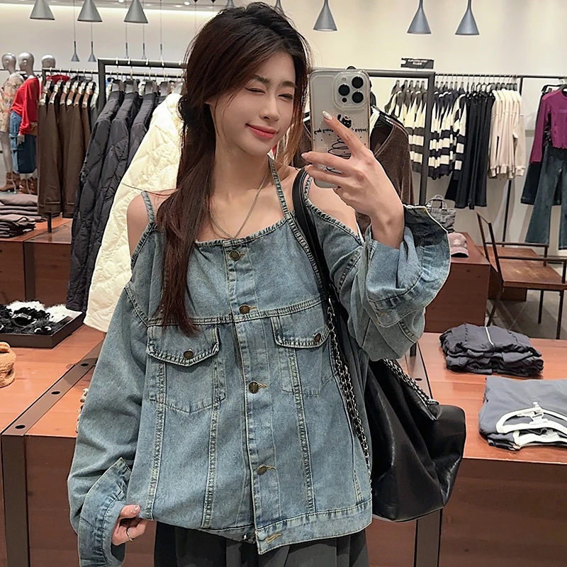 Vintage Off Shoulder Denim Coat Women Spring Single Breasted Long Sleeves Loose Jacket Fashion Trend All-matched Female Tops