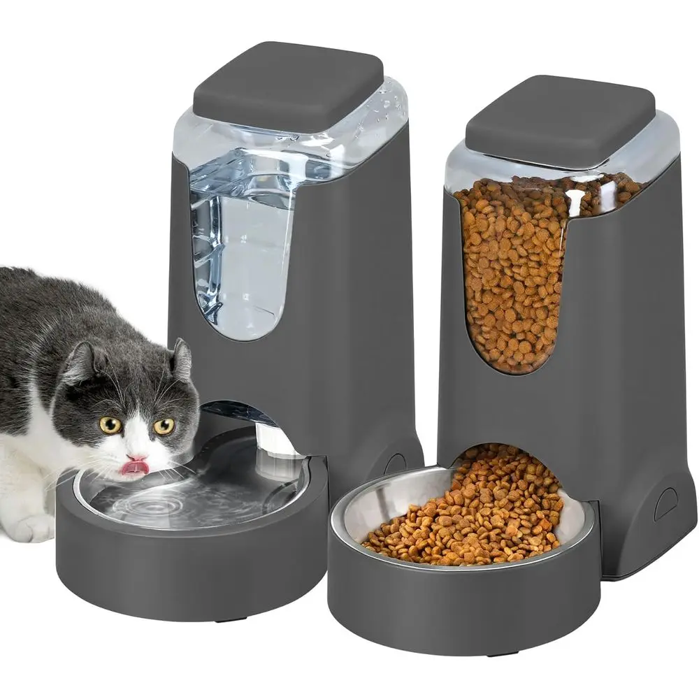 

Dual-Compartment Cat Feeder & Stainless Steel Water Dispenser for Small to Medium Pets, 1 Gallon x 2, Charcoal Gray