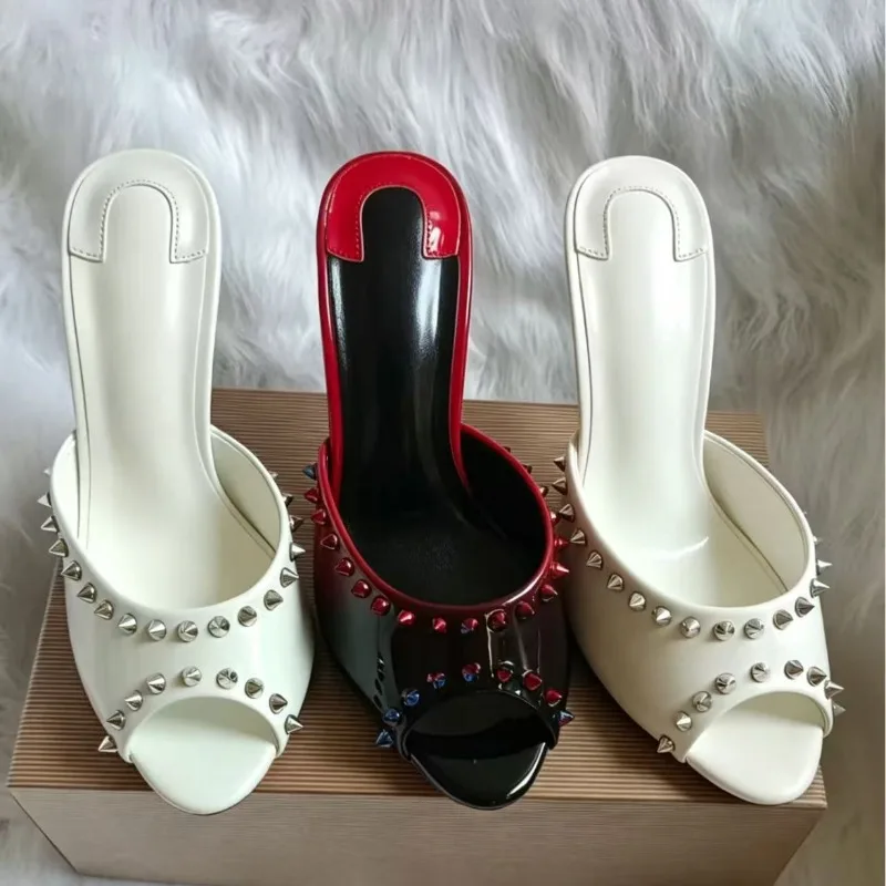 Summer Summer bright red pointed fish mouth rivet high-heeled women's drag patent leather thin heel exposed toe wearing straight drag - Aliexpress Deal