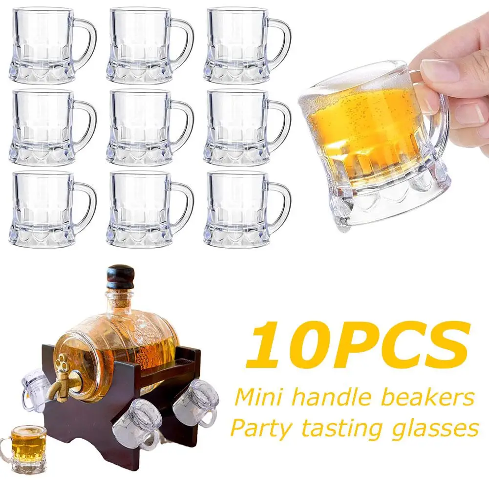 10Pcs Mini Plastic Beer Mugs 2 Oz Mini Beer Glasses Shot Glasses with Handle for Party Game Props Mini Mugs for Beer Whiske U3H9