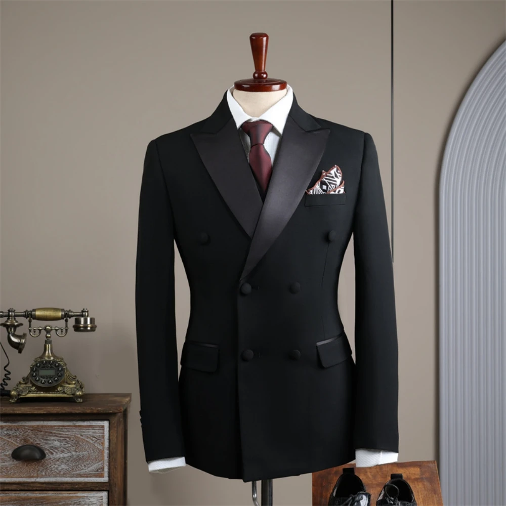 Gentleman Men's Black Suit Set Classy Dancing Party Popular Office Tuxedo Peak Lapel Groom Wear Fast Shipping Premium Outfit