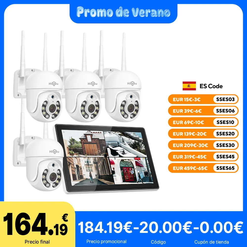 Hiseeu - Kit de Sistema de Vigilancia con Cámara IP CCTV NVR de 10 Canales y Monitor de 10.1 Pulgadas, 3/5MP, Visión Nocturna, P2P, Cámaras PTZ Inalámbricas de Seguridad ﻿