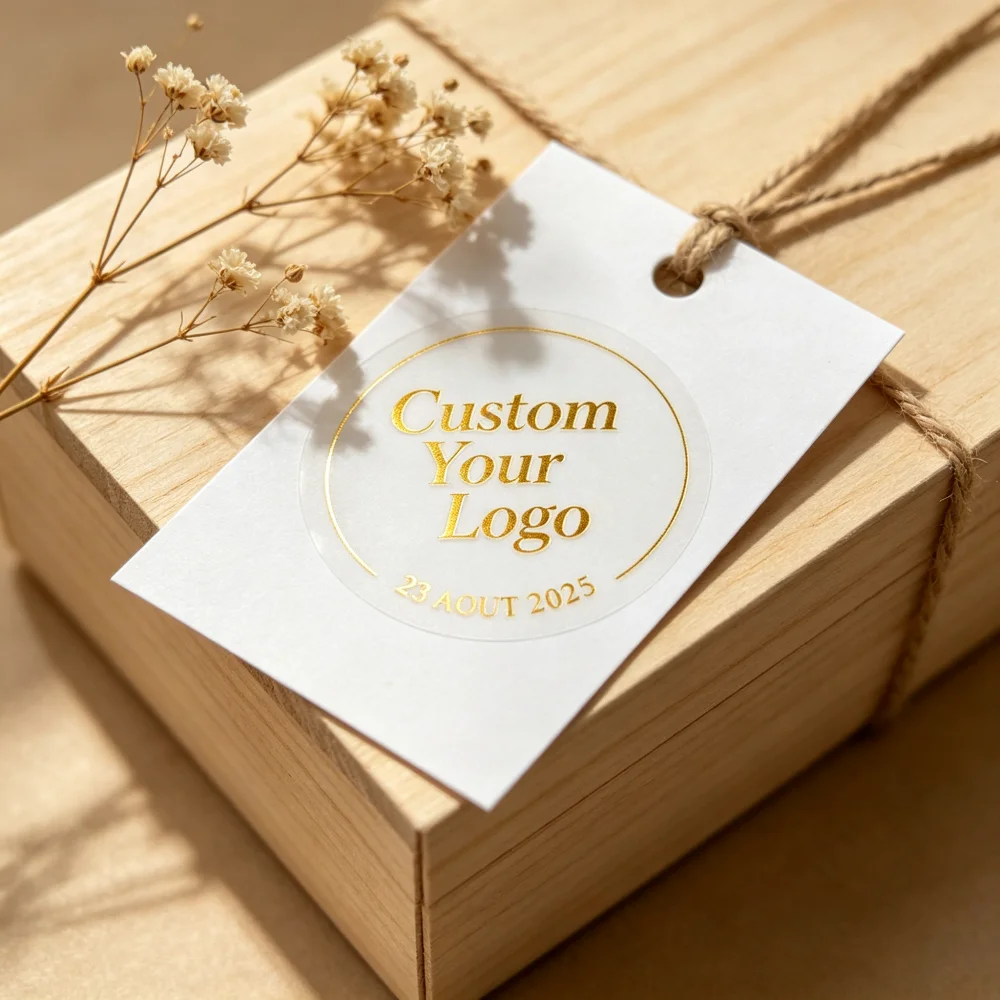 Personnalisez des autocollants circulaires transparents avec feuille d’or, créez votre propre logo pour les mariages, les anniversaires, les étiquettes de remerciement et les fêtes de naissance.