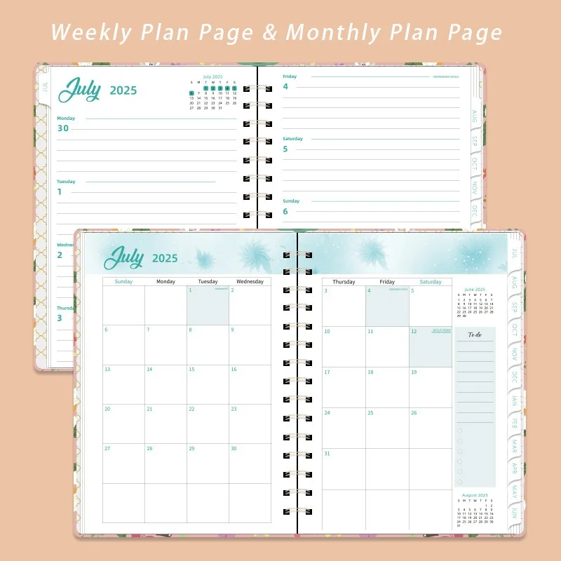 Flower Pattern 2025 Plan Calendar Diary Coil Notebook A5 Weekly Notebook Planners Budget Planner 140 Pages Book (2025.1-2025.12)