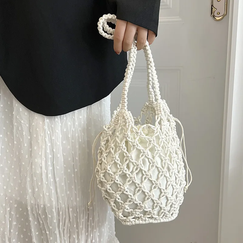 Summer Straw Bucket Bags For Women Handmade Drawstring Beach Shoulder Bags Raffia Rattan Woven Handbags Vacation Shopping Bags