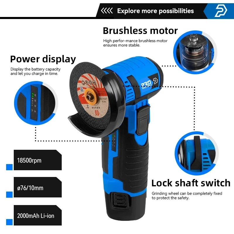 12V Mini Brushless Angle Grinder Cordless Polishing Grinding Machine 2000mAh 18500RPM Electric Power Tools For Home PROSTORMER