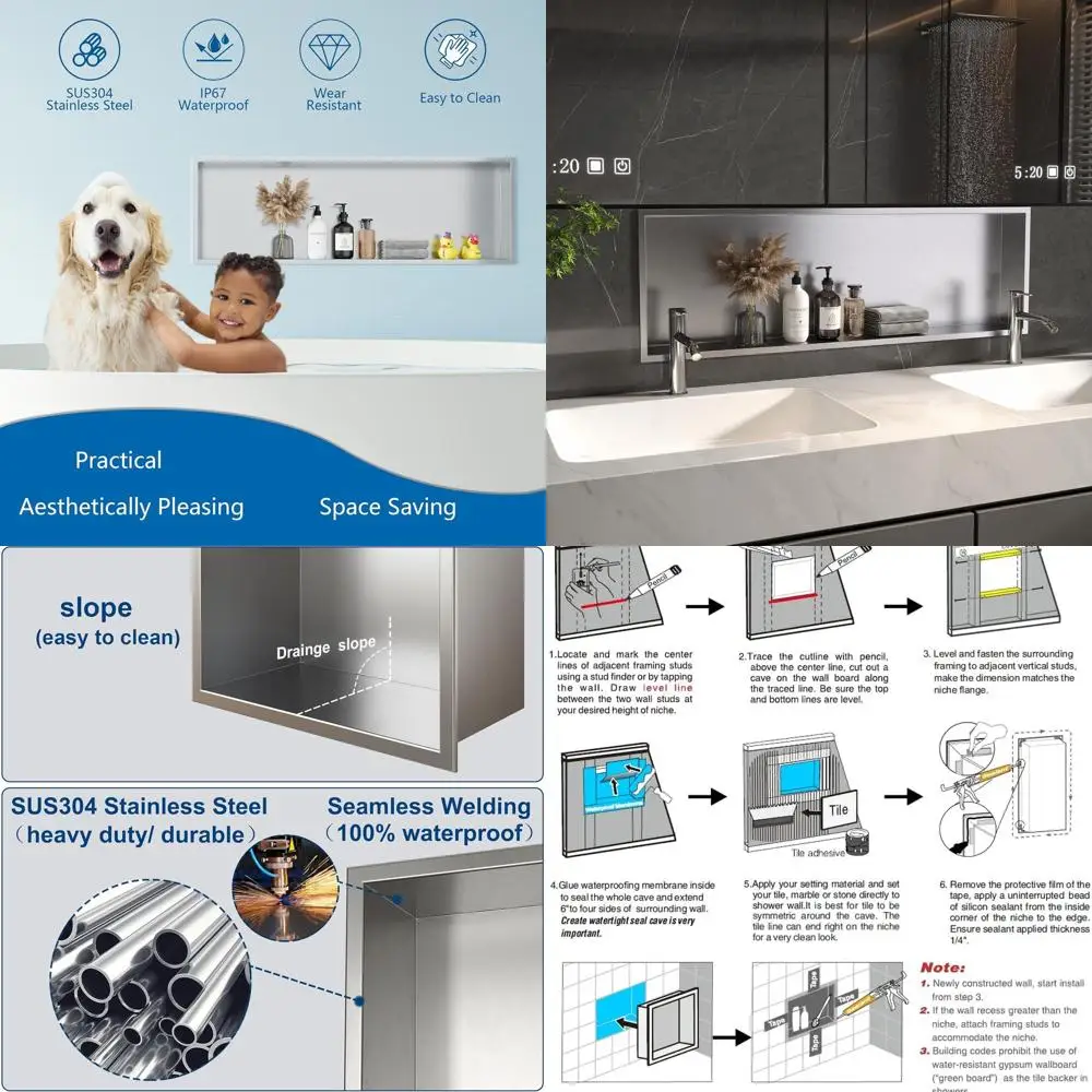 

36 x 12 x 4 Recessed Stainless Steel Shower Shelf, No Tile Required for Wall Storage Niche