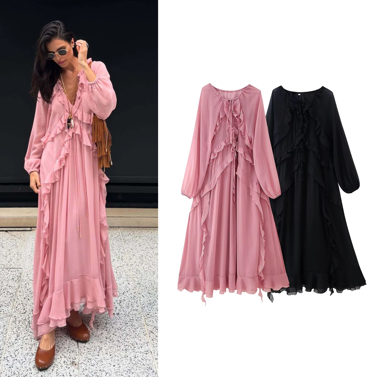 

Women Cascade Ruffles Long Loose Dress Spring Summer Female Full Sleeve Lace-Up V-Neck Casual A-Line Dress Lady Elegant Dresses