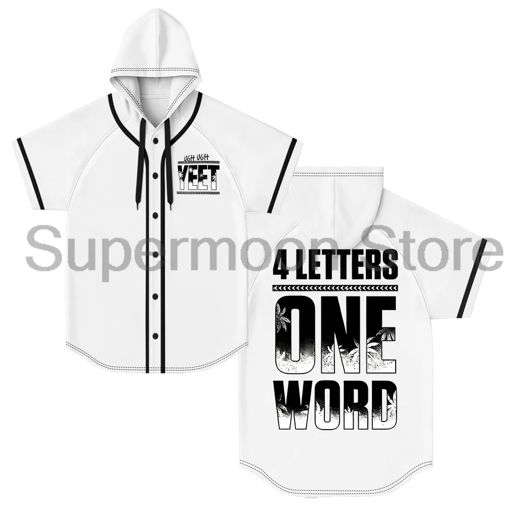 Jey Uso Four Letters One Word Yeet Hooded Baseball Jersey Short Sleeve Button-up Shirts Men Women Outdoor Streetwear Tops