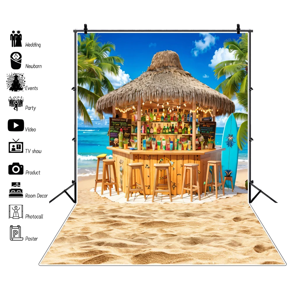 خلفية سماء زرقاء للشاطئ الصيفي ، لوح تزلج على شجرة النخيل الاستوائية ، خلفية تصوير لحفلات العطلات في Hawaii Luau Aloha Flamingo