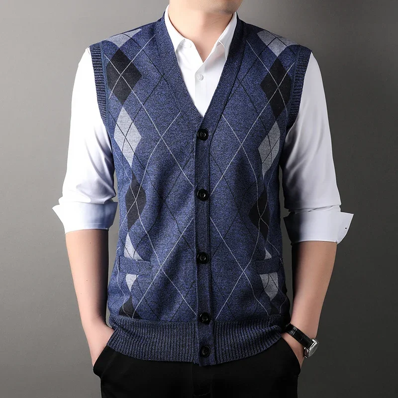 

2024 Autumn Mens cashmere Knit Sweater Vest Slim V-Neck Fashion Mens waistcoat Sleeveless Mens Tops