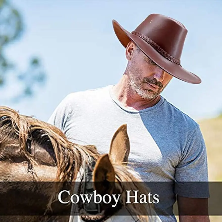 Cowboy Hats for Men and Women, Western Leather Outback Wide Brim Rain Cap