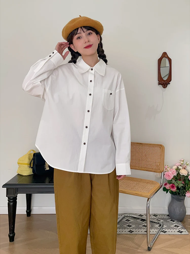 

Белая женская рубашка с длинным рукавом, новинка осени 2023, базовый слой, с пуговицами, 100% хлопок, свободный крой, однотонная