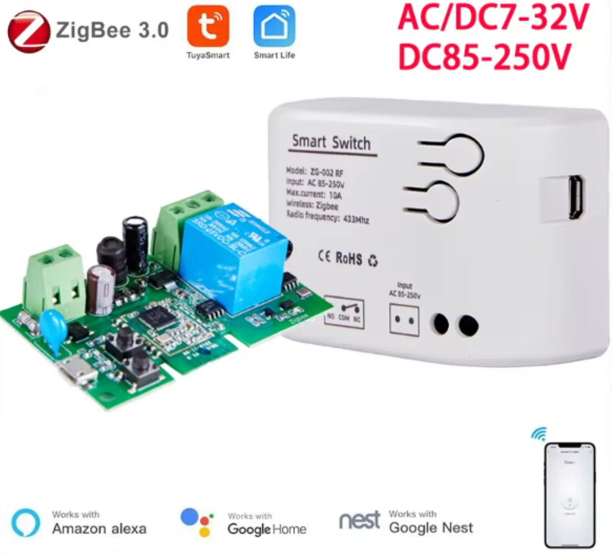 1 Channel Tuya Zigbee Wifi Switch Relay Receive module AC/DC7-32V AC85-250V RF433Mhz With Smart Life APP Alexa Google Home