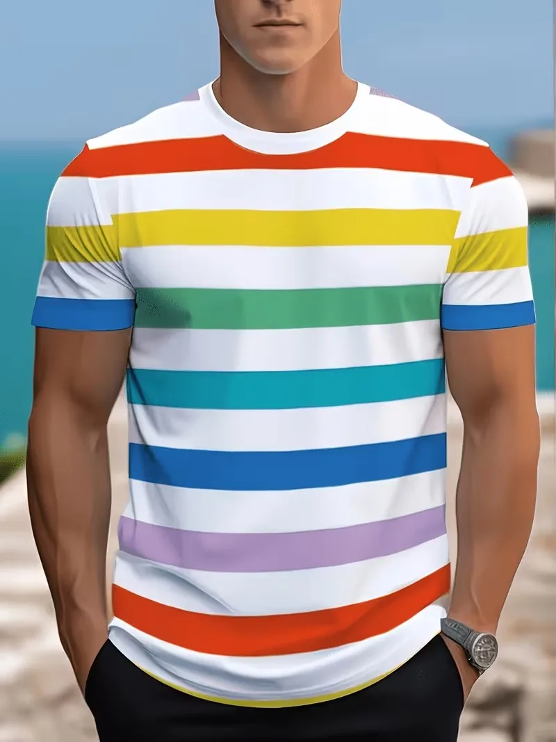 T-Shirt for Men Classic Rainbow Stripes Print Casual T-Shirts Summer Fashion Harajuku Oversized Short Sleeve O-Neck Men Clothing