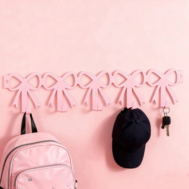1pc Pink Heart Over The Door Hooks Hanger Wall Mount Towel Hanger Door Holder Organizer 5 Hooks Detachable Iron Bow Hooks view 6